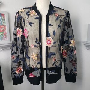 Drapers Sheer Black w/ Embroidered Flowers Whimsy Goth Grandma Vintage Bomber